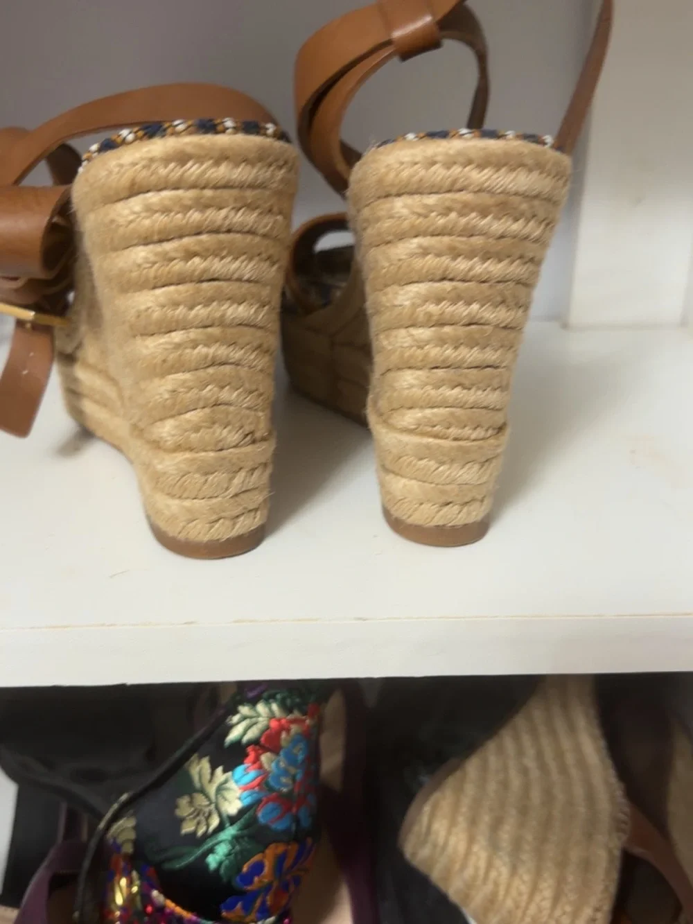 Tory Burch Tan and Navy Beaded Espadrille Wedge Sandals